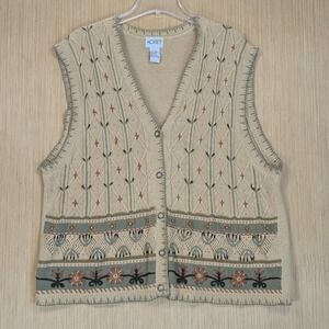 Vintage Koret Embroidered Knit Vest Cardigan Cottage Whimsy Cabin Cozy Womens XL